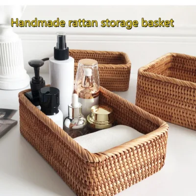 Handgewebter Rattan-Weidenkorb, Obst-, Tee-, Snack-, Brotkorb, kosmetische, rechteckige Aufbewahrungsbox, Haushalts- und Küchenbedarf